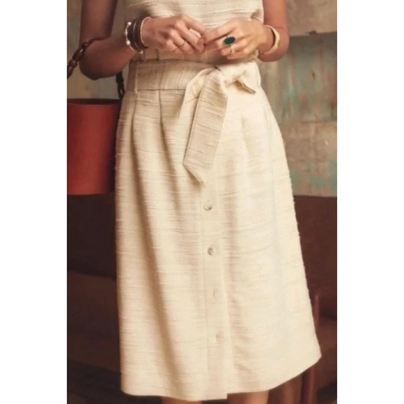 Sezane Cream Textured Button Front Midi Skirt Belted Waist Size 34 - Picture 6 of 6